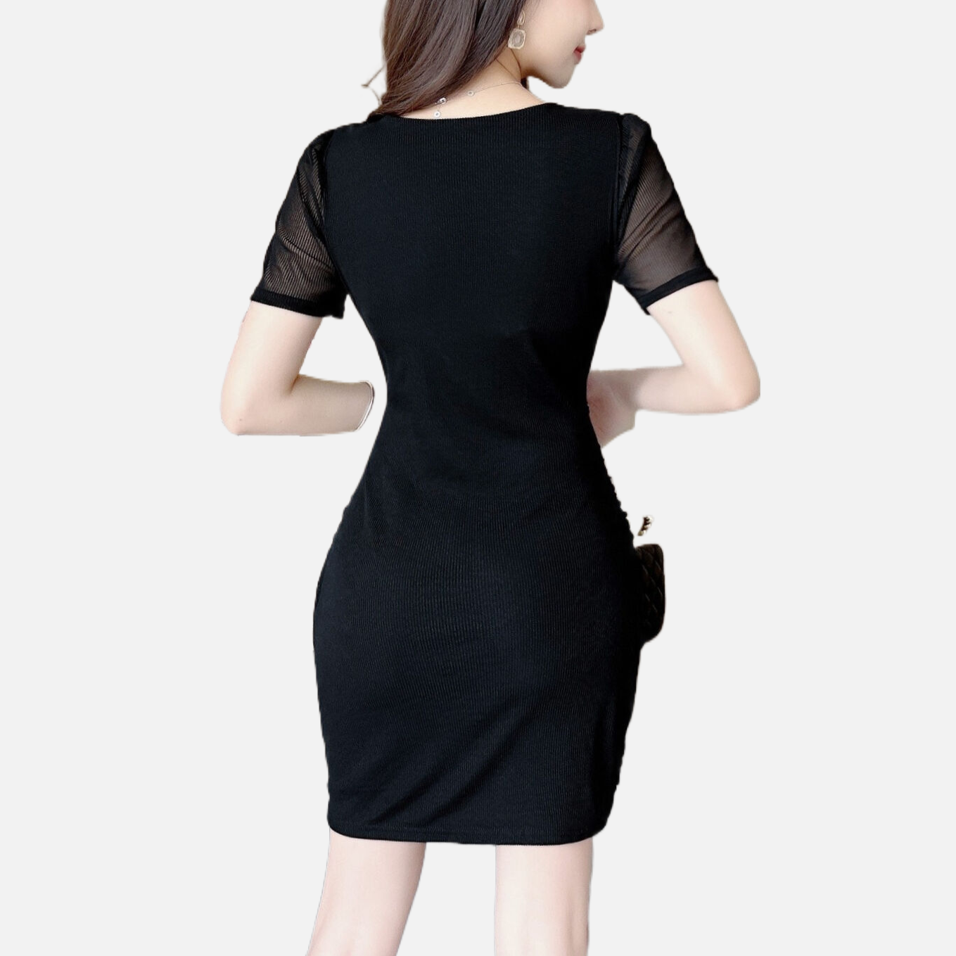 Black Mesh Dress with Short Sleeves, Wrap Collar