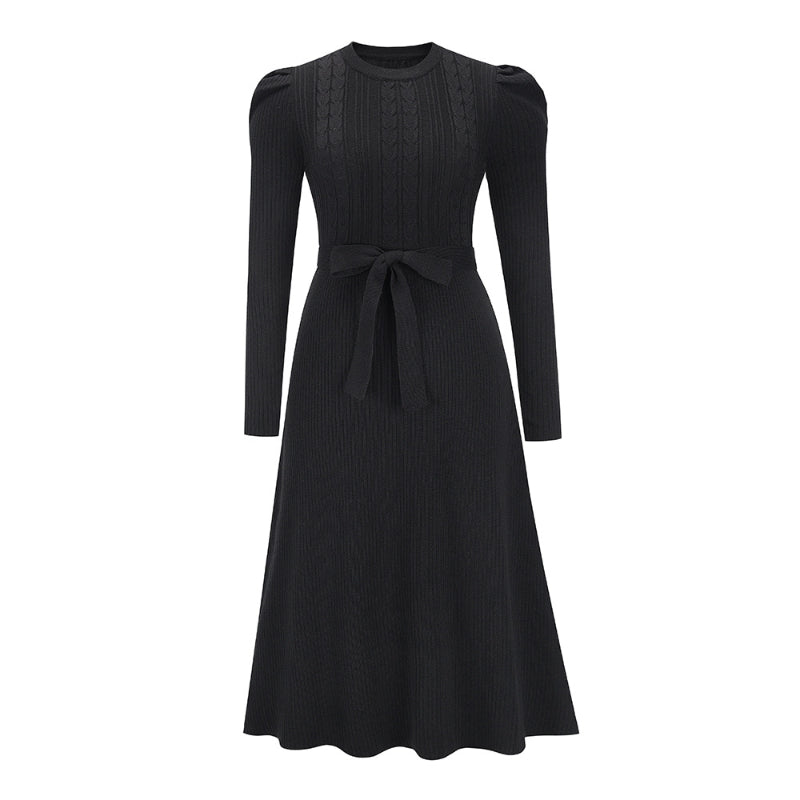 Women's Elegant Cable Knit Dress Crewneck Slim Fit Pullover with Belt Sweater Dress in Black