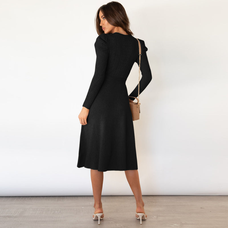 Women's Elegant Cable Knit Dress Crewneck Slim Fit Pullover with Belt Sweater Dress in Black