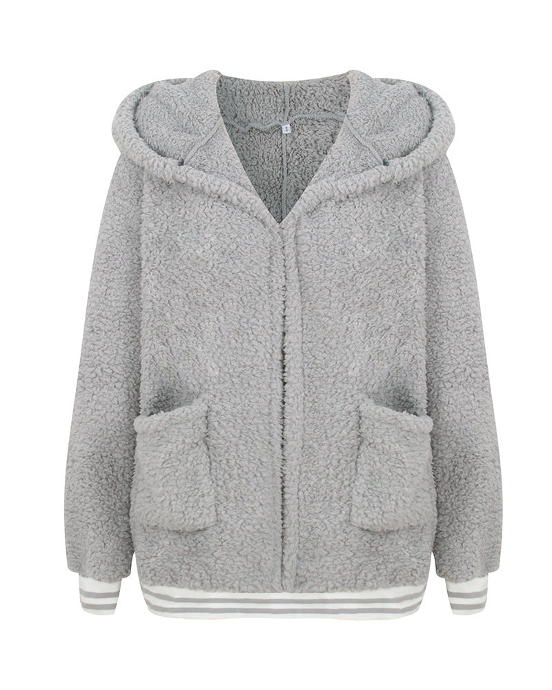 Zip Up Long Sherpa Jacket With Hood Fluffy Fleece in Grey