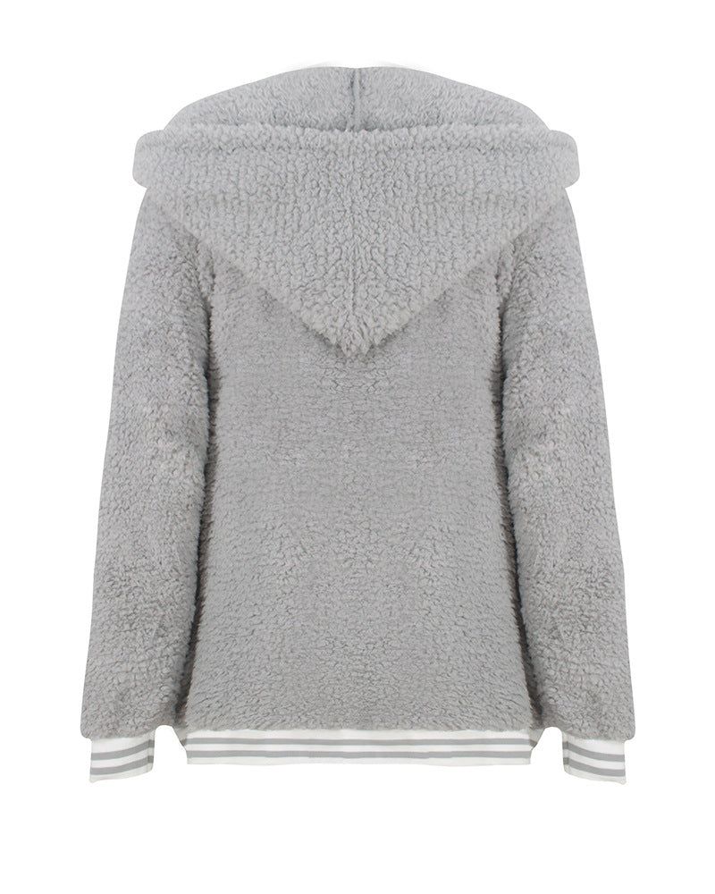 Zip Up Long Sherpa Jacket With Hood Fluffy Fleece in Grey