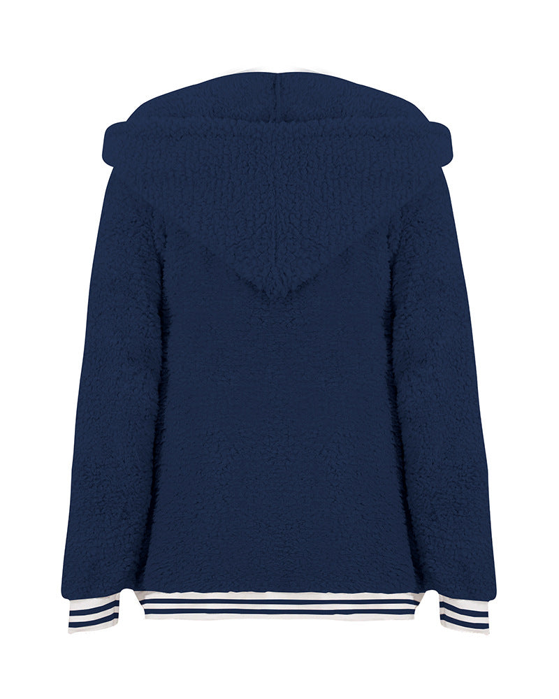 Zip Up Long Sherpa Jacket With Hood Fluffy Fleece in Navy