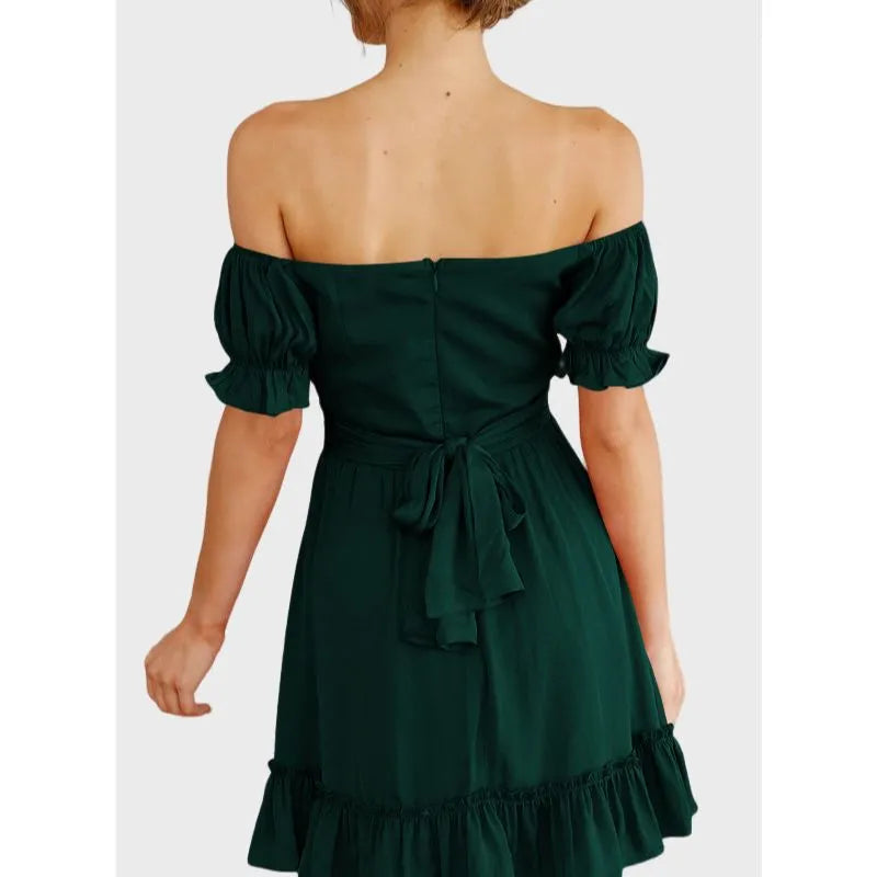 Green Off The Shoulder Dress Short Sleeve Ruffle Dress