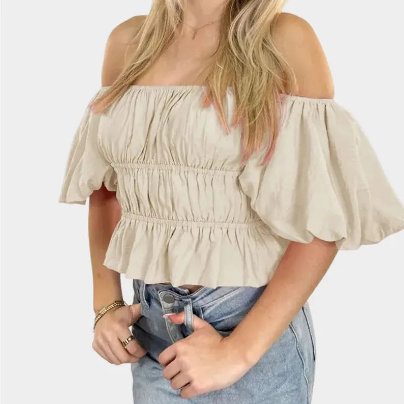 Off The Shoulder Ruffle Crop Top with Puffy Sleeves