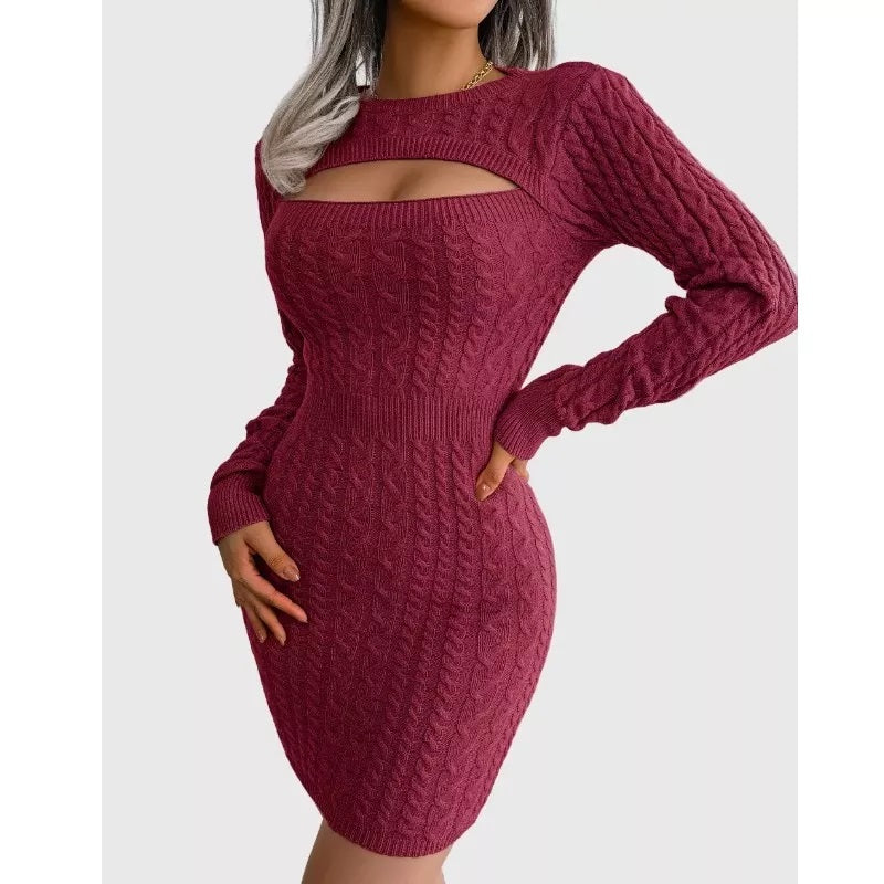 Cable Knit Red Sweater Dress Bust Cut out Sexy Dress Bodycorn Fit