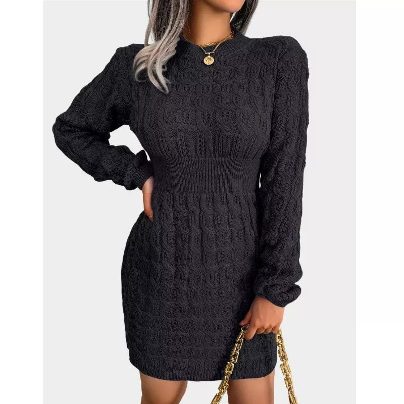Cable Knit Mini Black Sweater Dress Crew Neck