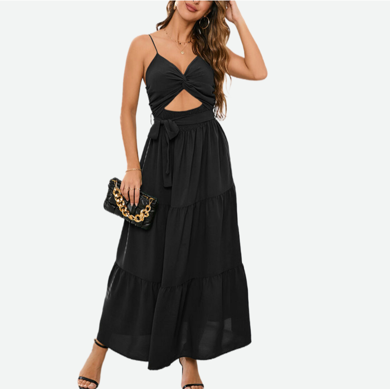 Tie Front Dress Sleeveless Black Maxi Dresses