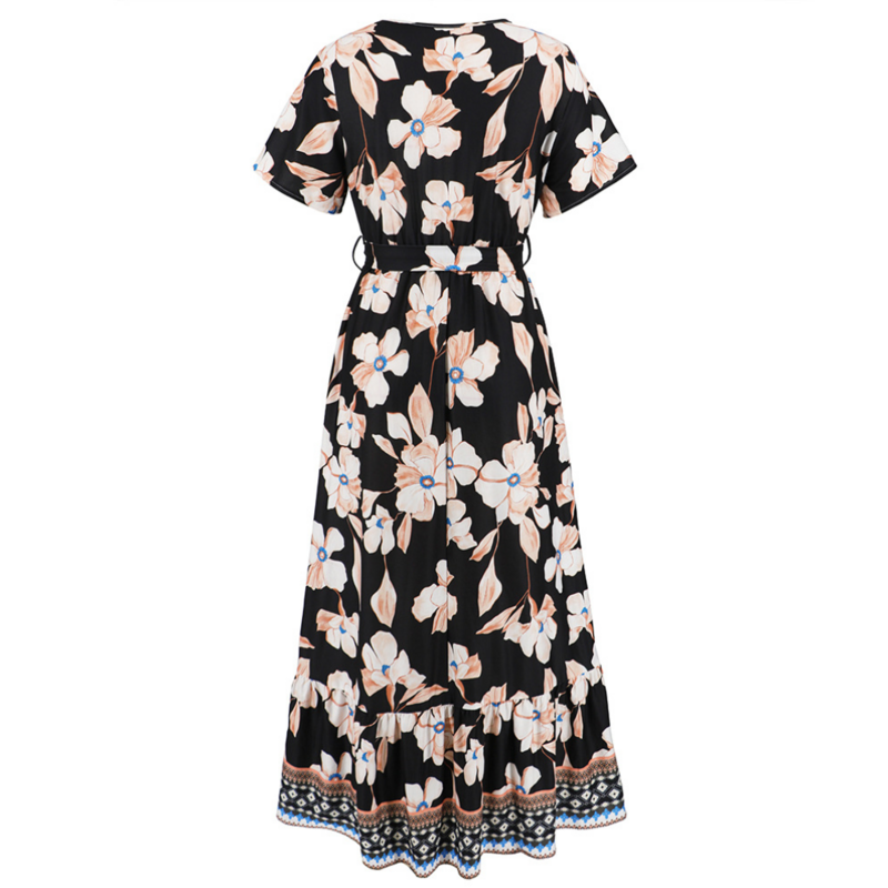 Long Black Summer Dress with Floral Print