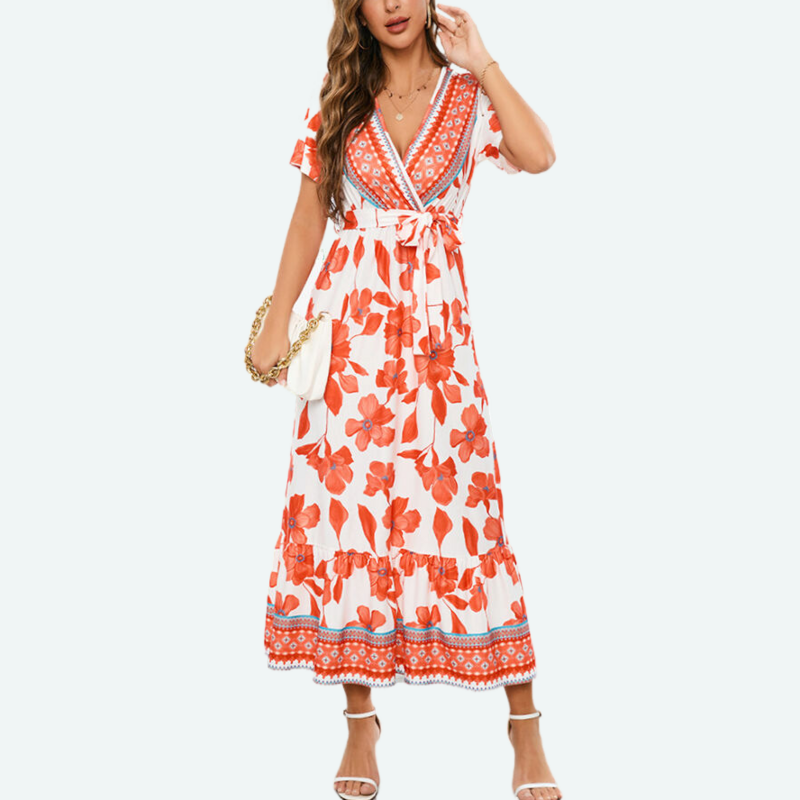 Wrap Maxi Dress in Red Floral Print