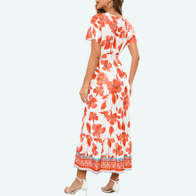 Wrap Maxi Dress in Red Floral Print