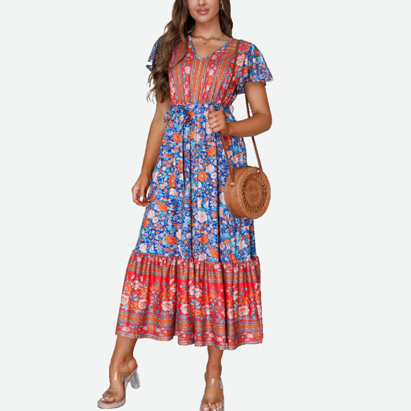 Women's Fit and Flare Dress | V neck Short Sleeves Maxi Dress