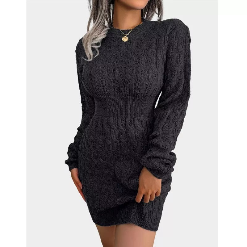 Cable Knit Mini Black Sweater Dress Crew Neck