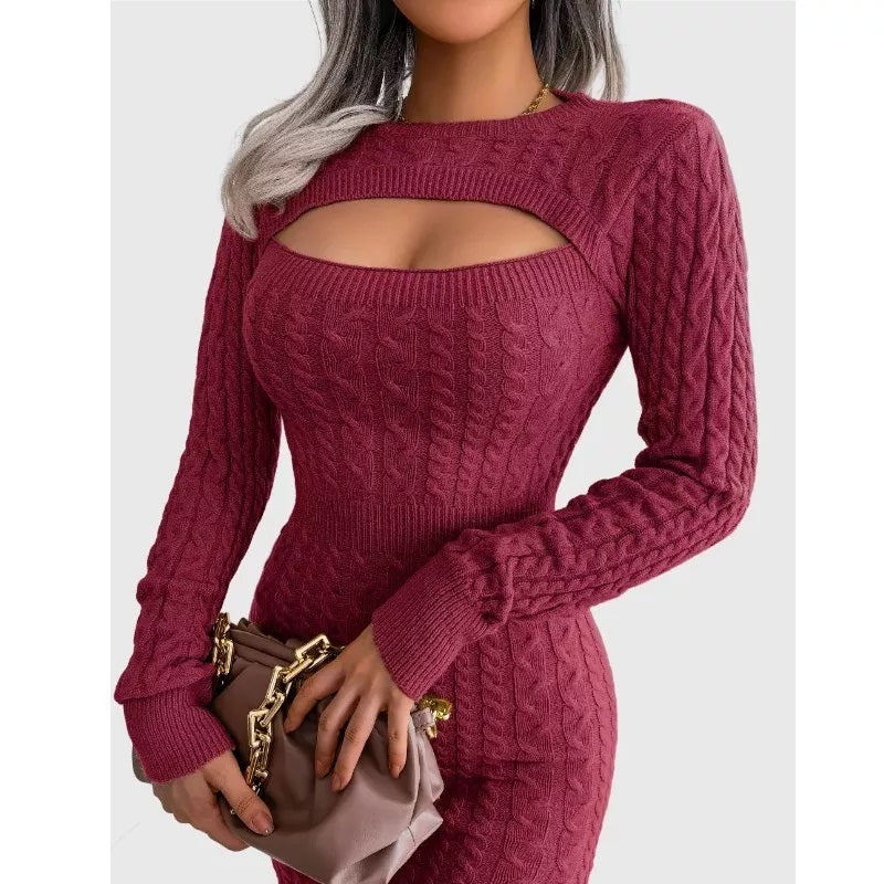 Cable Knit Red Sweater Dress Bust Cut out Sexy Dress Bodycorn Fit