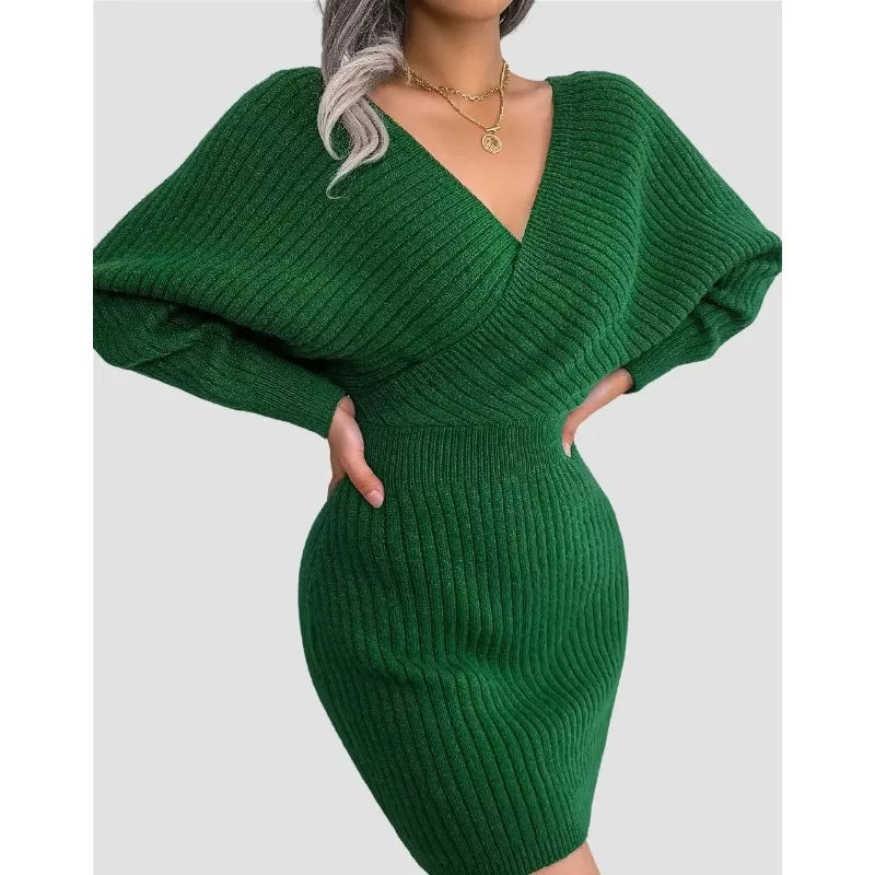 Green Bodycon Sweater Dress V neck Batwing Sleeve Sexy Dress