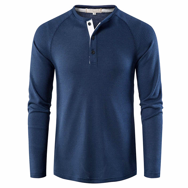 Men's Long Sleeve Henley T Shirts Waffle in Navy Blue