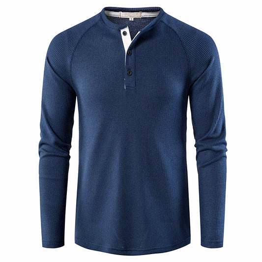Men's Long Sleeve Henley T Shirts Waffle in Navy Blue
