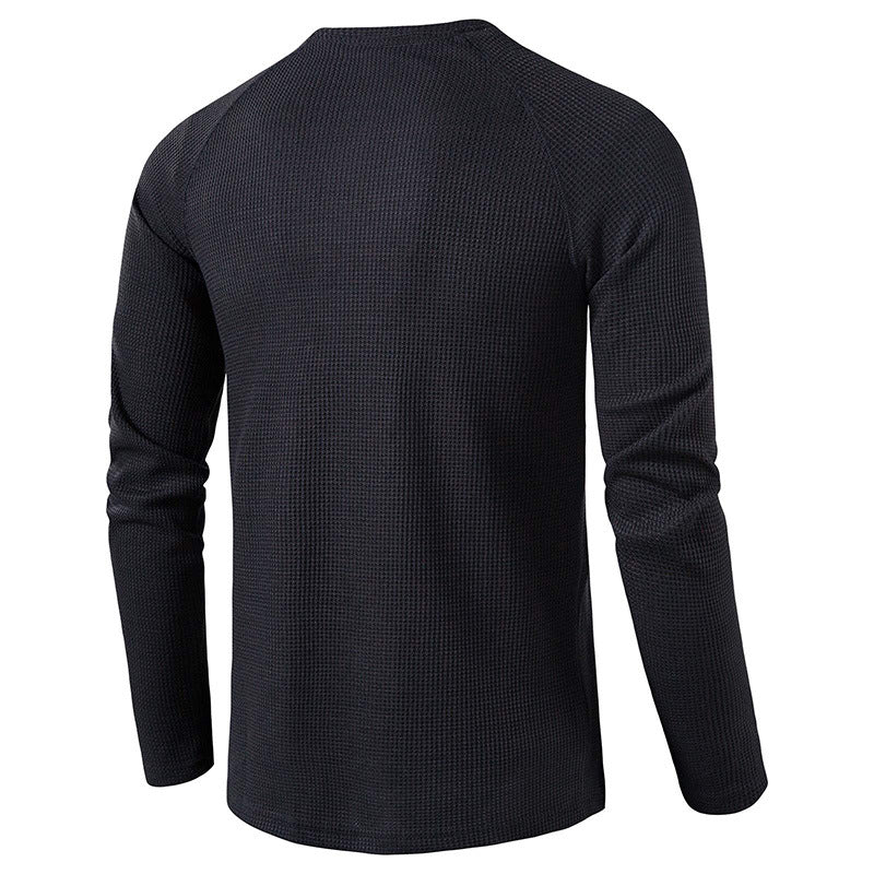 Men's Long Sleeve Henley T Shirts Waffle in Black