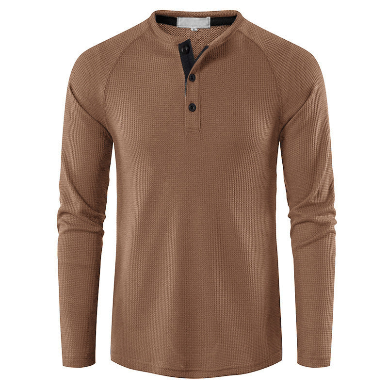 Men's Long Sleeve Henley T Shirts Waffle in Kakhi