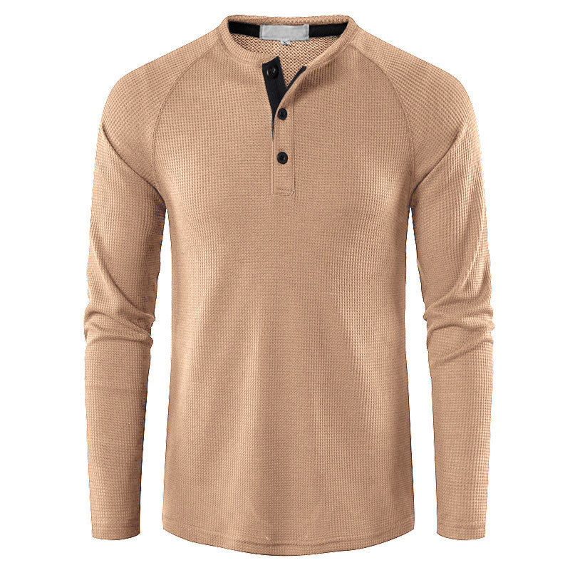 Men's Long Sleeve Henley T Shirts Waffle in Kakhi