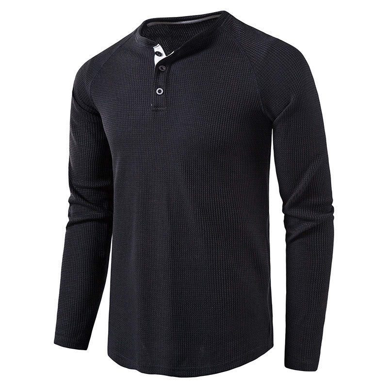 Men's Long Sleeve Henley T Shirts Waffle in Black