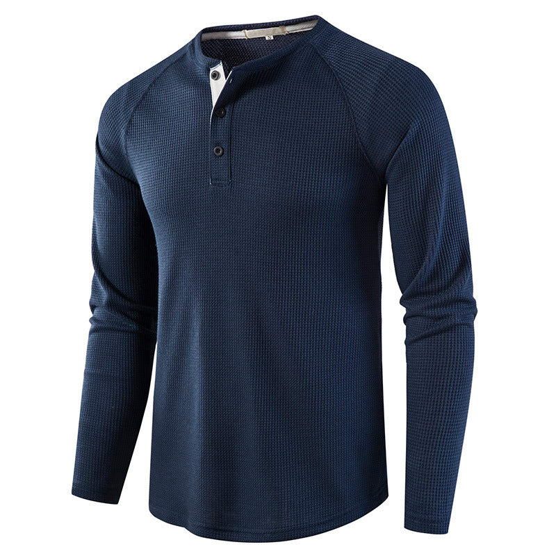 Men's Long Sleeve Henley T Shirts Waffle in Navy Blue