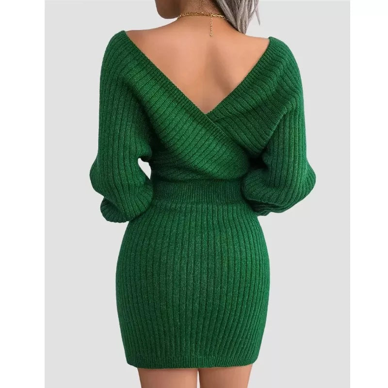Green Bodycon Sweater Dress V neck Batwing Sleeve Sexy Dress