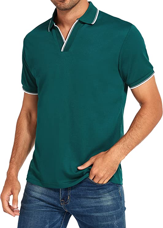Men's V-neck Collar Polo Shirt Casual Summer Basic Tops in Green