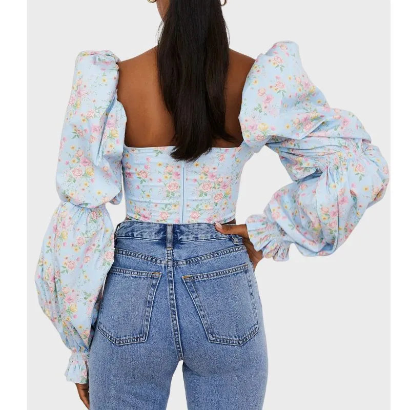 Puff Sleeve Crop Top in Sky Blue Floral