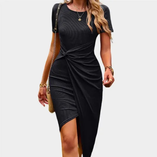 Wrap Cocktail Dress Short Sleeve Crew Neck Midi