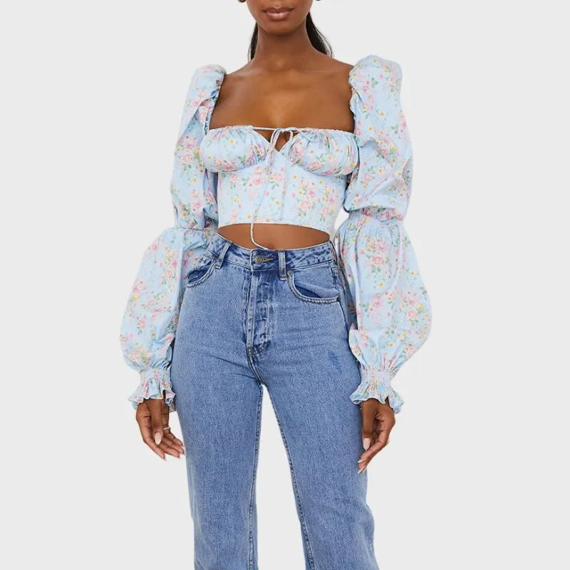 Puff Sleeve Crop Top in Sky Blue Floral