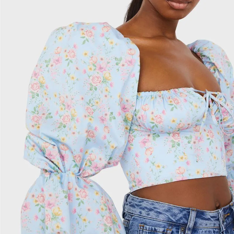 Puff Sleeve Crop Top in Sky Blue Floral