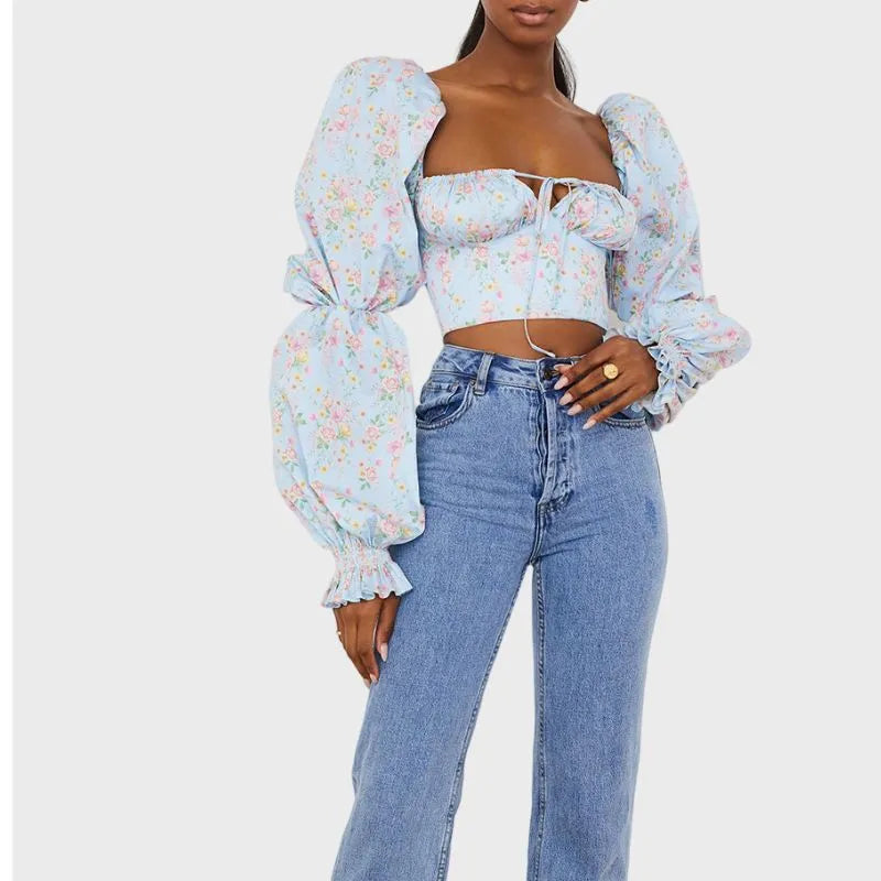 Puff Sleeve Crop Top in Sky Blue Floral