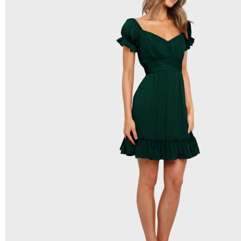 Green Off The Shoulder Dress Short Sleeve Ruffle Dress