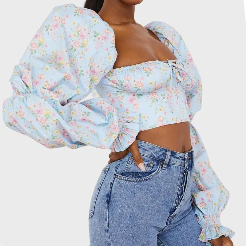 Puff Sleeve Crop Top in Sky Blue Floral