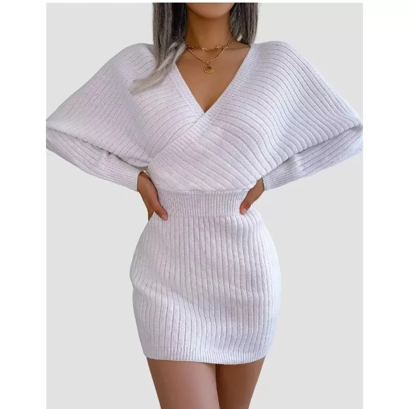 White Bodycon Sweater Dress V neck Batwing Sleeve Sexy Dress
