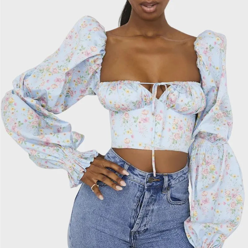 Puff Sleeve Crop Top in Sky Blue Floral