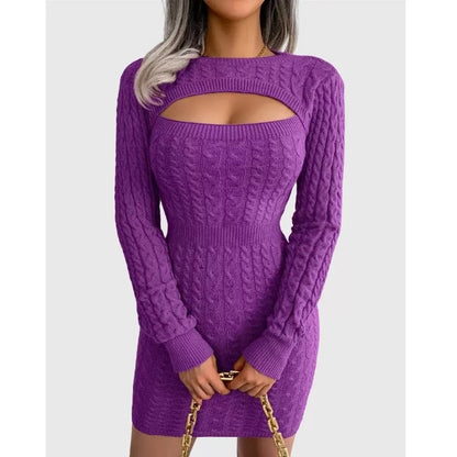 Cable Knit Purple Sweater Dress Bust Cut out Sexy Dress Bodycorn Fit