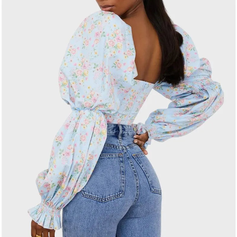 Puff Sleeve Crop Top in Sky Blue Floral