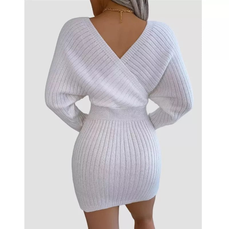 White Bodycon Sweater Dress V neck Batwing Sleeve Sexy Dress