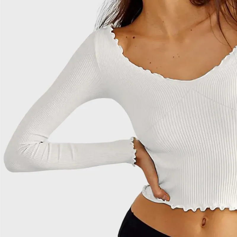 White Long Sleeve Crop Top Ruched