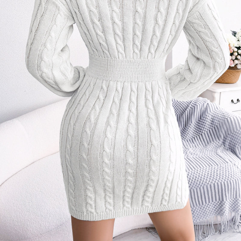 Women's Cable Knit Winter Dress V neck Slim Fit Pullover Dress in Off White