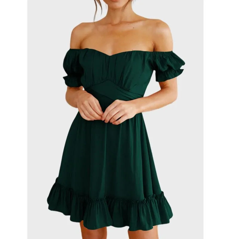 Green Off The Shoulder Dress Short Sleeve Ruffle Dress