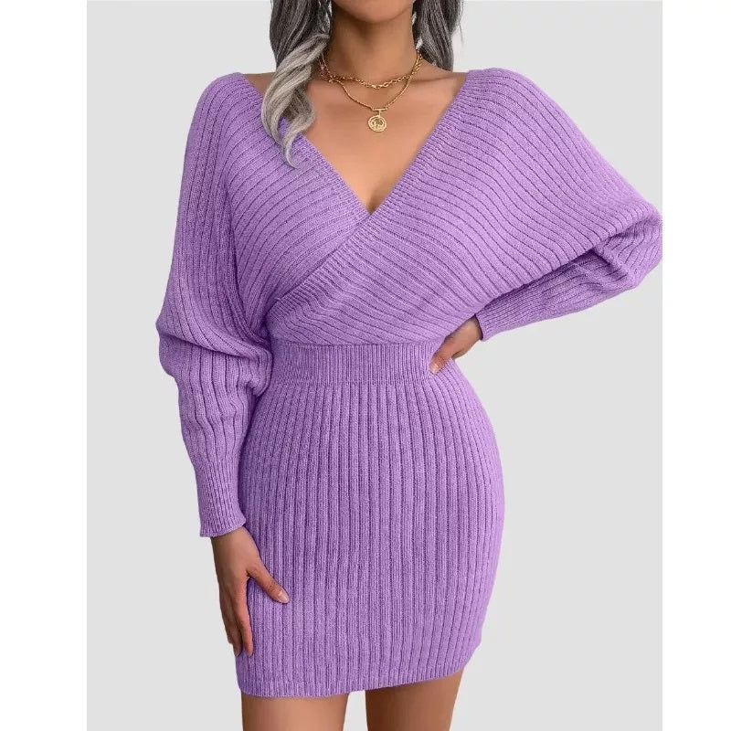 Purple Bodycon Sweater Dress V neck Batwing Sleeve Sexy Dress