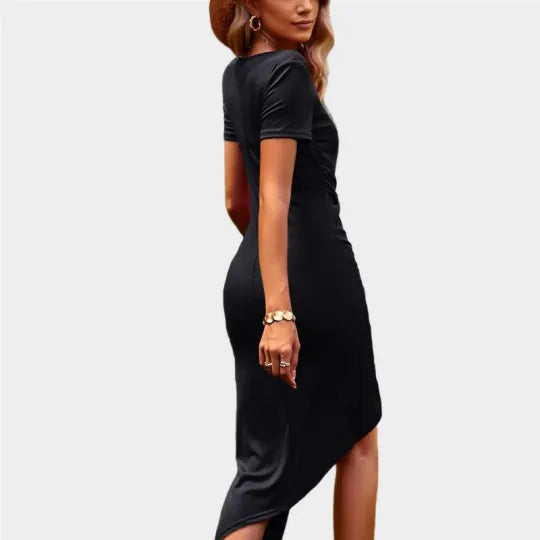 Wrap Cocktail Dress Short Sleeve Crew Neck Midi Black Dress REENOVY Wrap Cocktail Dress Short Sleeve Crew Neck Midi Black Dress REENOVY