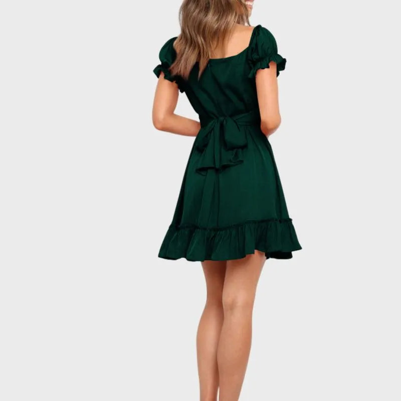 Green Off The Shoulder Dress Short Sleeve Ruffle Dress