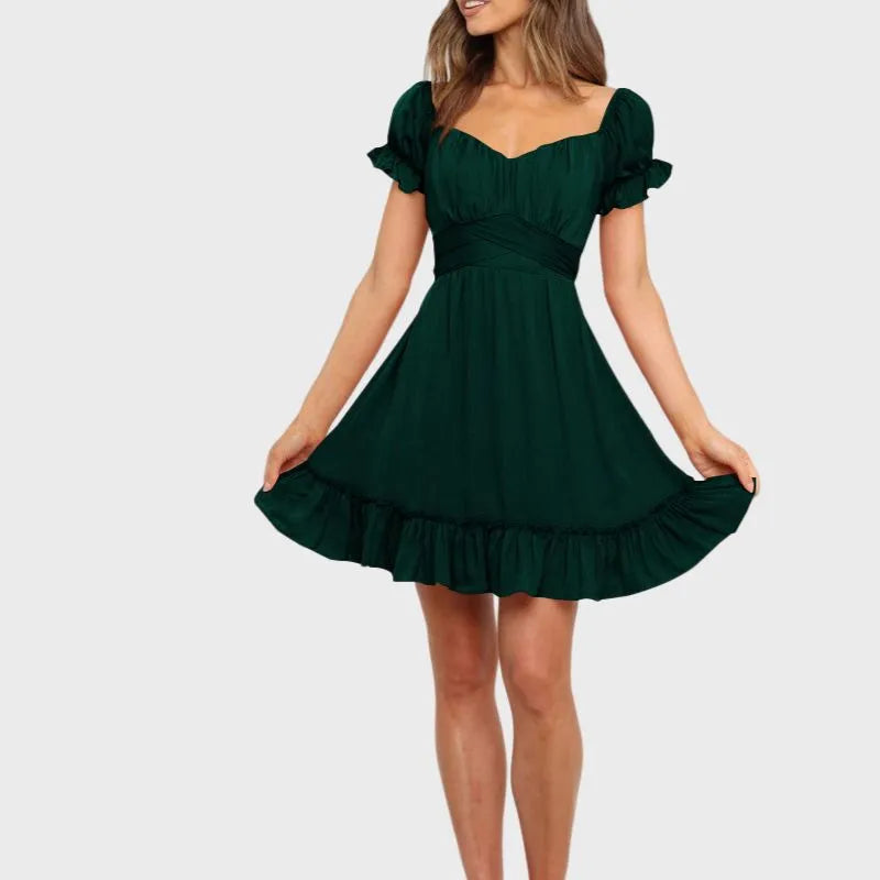 Green Off The Shoulder Dress Short Sleeve Ruffle Dress