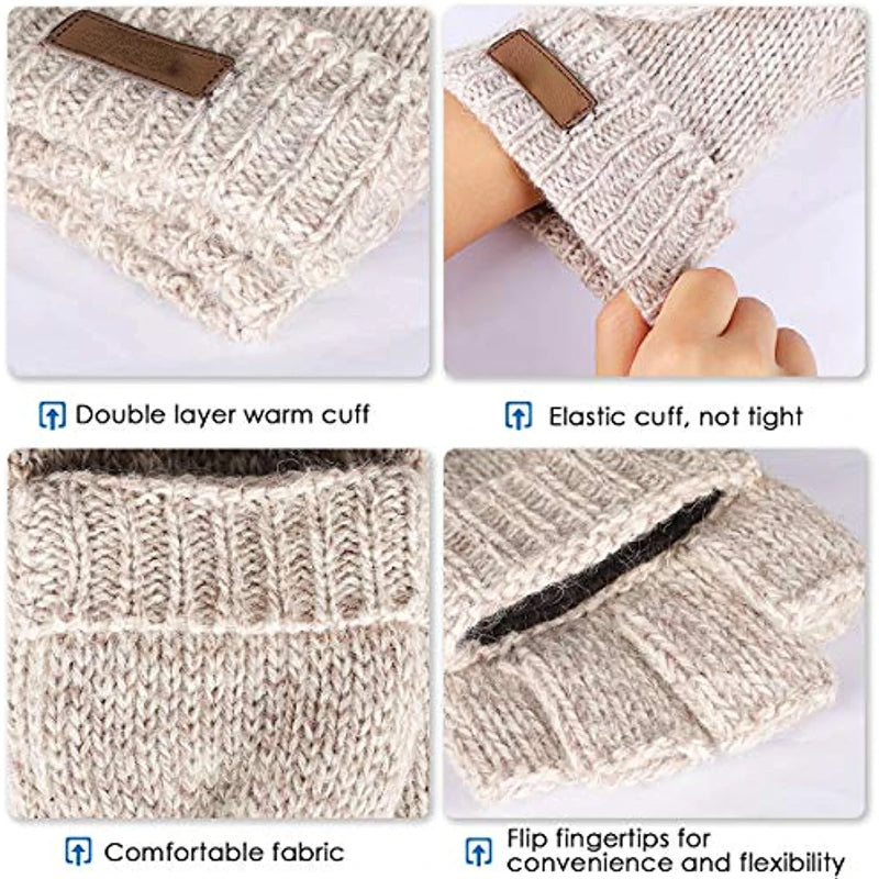 Wool Fingerless Gloves with Flap Unisex for Driving, Typing, Biker