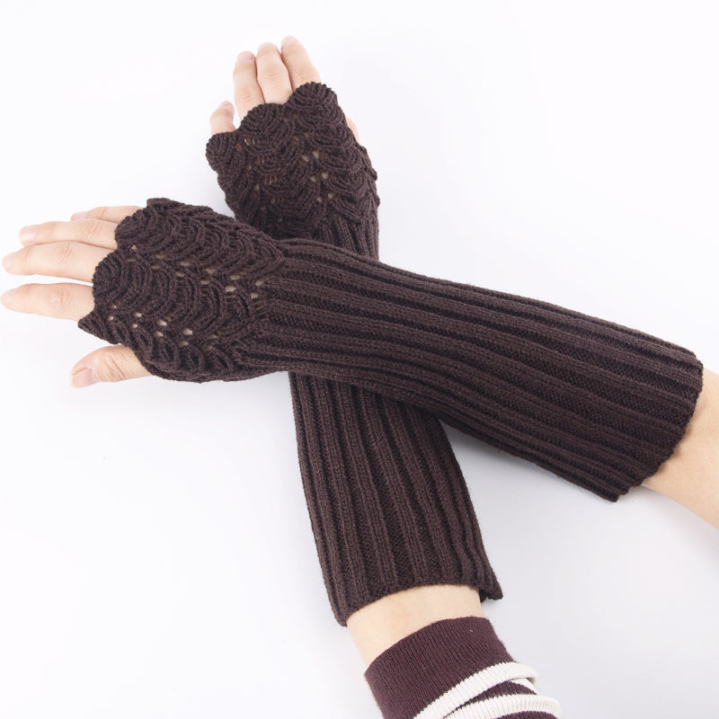 Long Fingerless Gloves Dragon Scale Crochet in Brown