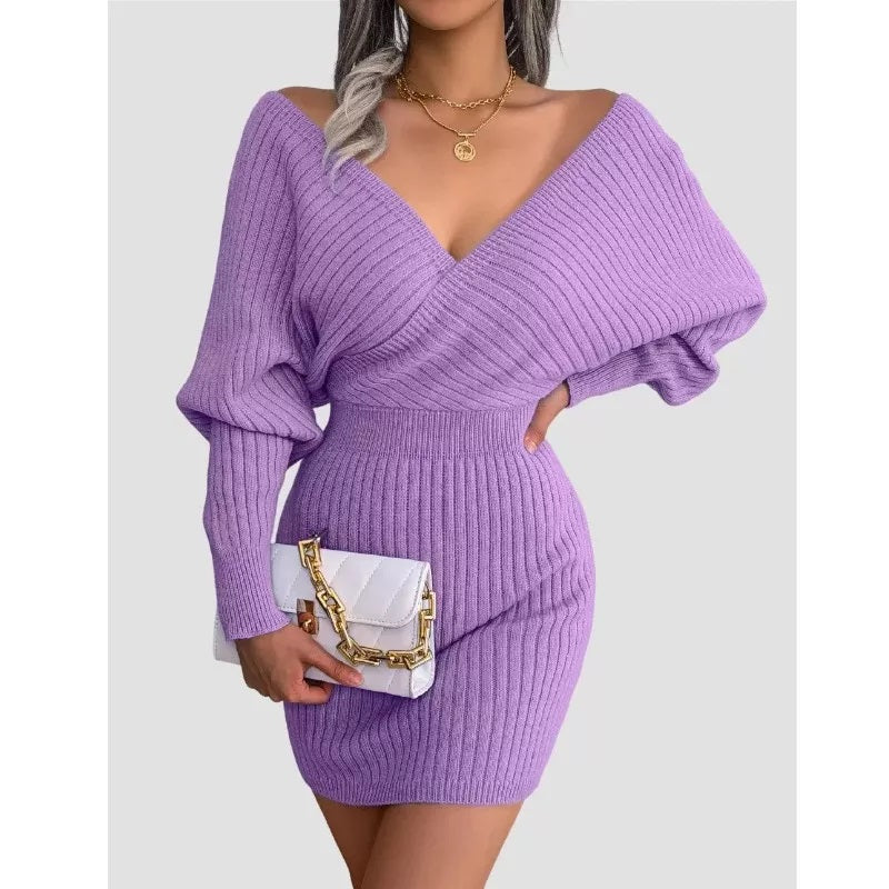 Purple Bodycon Sweater Dress V neck Batwing Sleeve Sexy Dress