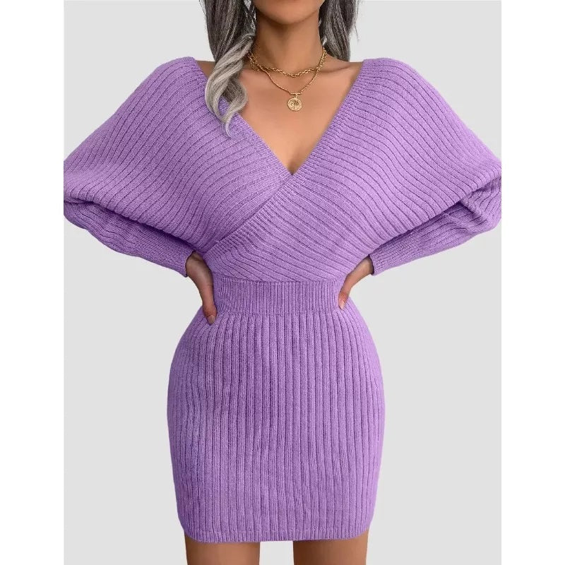 Purple Bodycon Sweater Dress V neck Batwing Sleeve Sexy Dress